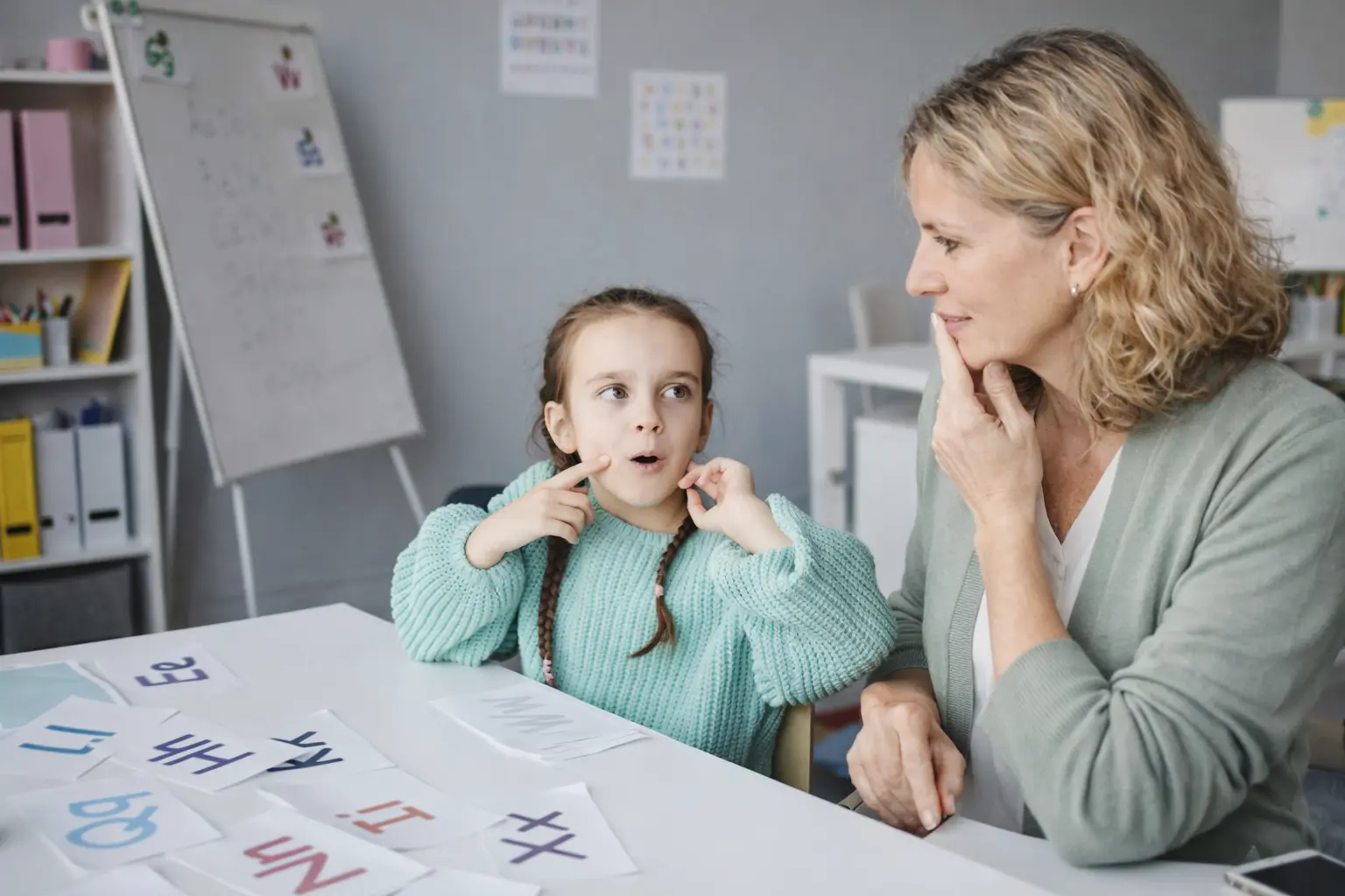 Orthophoniste accompagnant un enfant lors d’une séance d’orthophonie